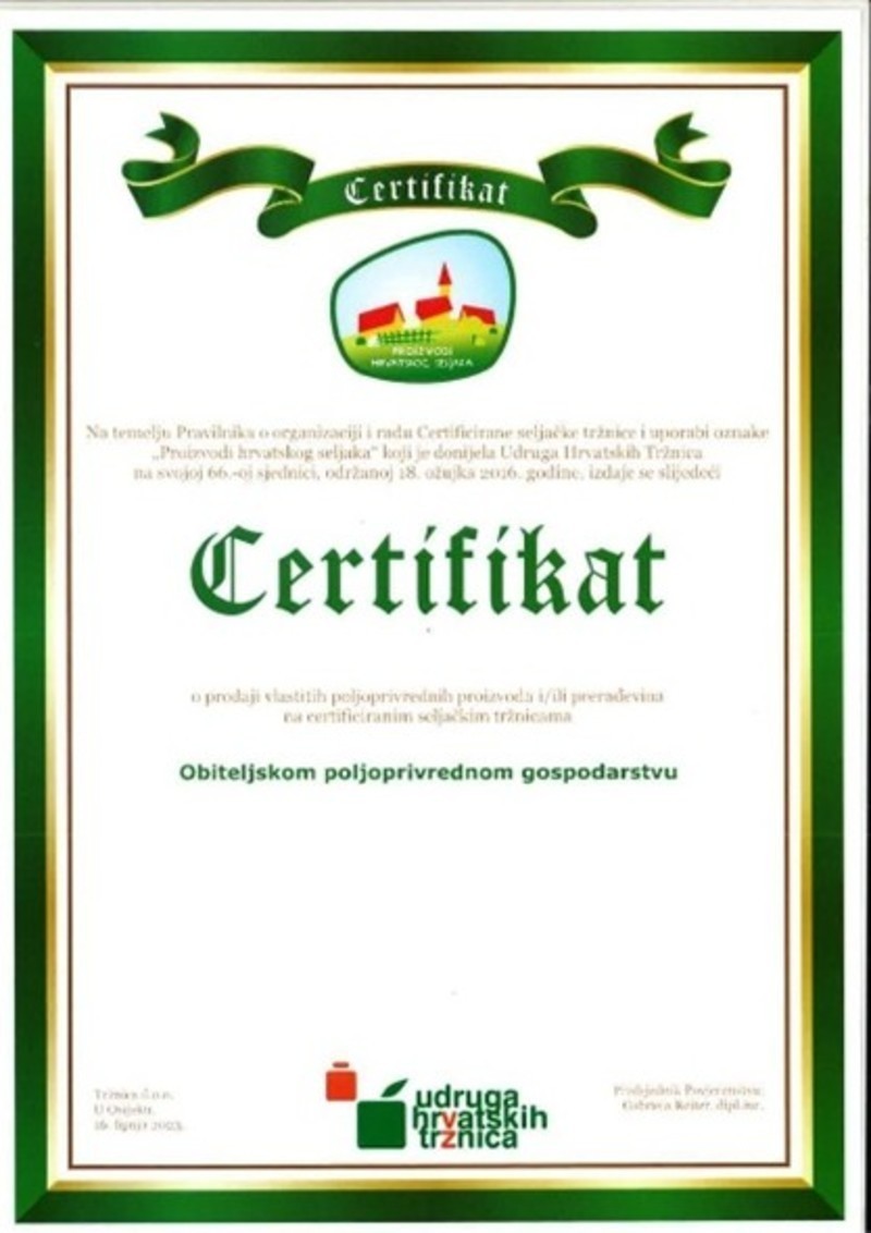OBAVIJEST O PODIJELI CERTIFIKATA  I OZNAKE - PROIZVODI HRVATSKOG SELJAKA 
